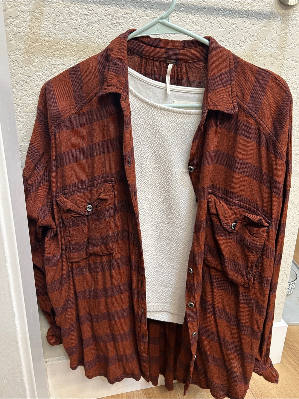 Free People Oversized Rust Plaid Lightweight Shirt Jacket Long Sleeve